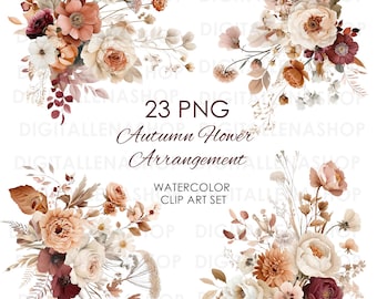 Autumn Flower Arrangement Watercolor Clipart, Fall Floral PNG (Digital Download)