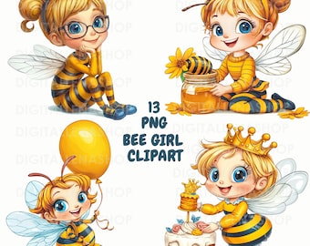 Bee Girl Clipart Bundle: Watercolor Bumblebee Fairy PNG (Digital Download)