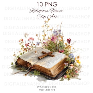 Bible with Cross in Flowers Watercolor Clipart, 10 High-Quality PNG | Religious Floral Illustrations for Invitations, Cards & Wall Art