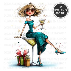 Whimsical Birthday Woman Clipart: Party Girl in Glass (JPG/PNG Digital Download
