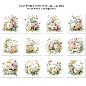 Peut inclure: Douze motifs floraux &agrave; l'aquarelle avec le texte "Happy Birthday". Chaque motif pr&eacute;sente des roses et d'autres fleurs dans des tons de rose, blanc et jaune, avec un feuillage vert et des papillons. Le texte est sur des banni&egrave;res ou des &eacute;tiquettes.