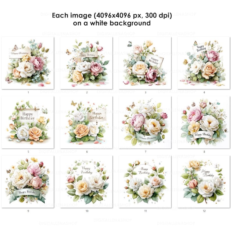 Peut inclure: Douze motifs floraux &agrave; l'aquarelle avec le texte "Happy Birthday". Chaque motif pr&eacute;sente des roses et d'autres fleurs dans des tons de rose, blanc et jaune, avec un feuillage vert et des papillons. Le texte est sur des banni&egrave;res ou des &eacute;tiquettes.