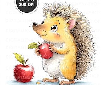Clipart di riccio acquerello con mele: illustrazione di un bosco autunnale (JPG)
