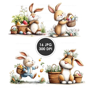 Akvarell påskhare clipart set | Vårgrafik (16 JPG-filer)