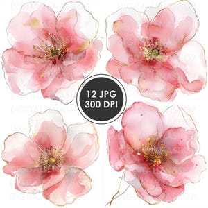 Abstract Blush Pink Flowers with Gold Watercolor Clipart, Abstract Floral Wall Art, Digital Planner, Junk Journals, Greeting Cards