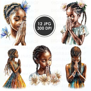Black Girl Praying Watercolor Clipart JPG | 12 High Res Watercolor Black Girl Praying JPGs | Bible Journaling, Scrapbooking, Devotional Art
