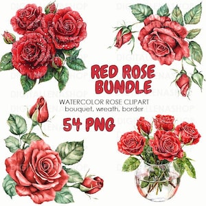 Watercolor Red Rose Bundle PNG | 54 Red Rose Clipart Png | Red Rose Border Png | Red Rose Bouquets Png | Digital Download | Rose Printables
