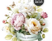 Happy Birthday Watercolor Sign with Roses | (21 JPG) Floral Birthday Clipart