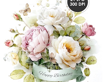 Aquarelle de joyeux anniversaire avec roses | Clipart anniversaire floral (21 JPG)
