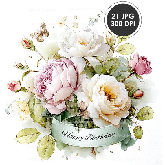 Happy Birthday Watercolor Sign with Roses | (21 JPG) Floral Birthday Clipart