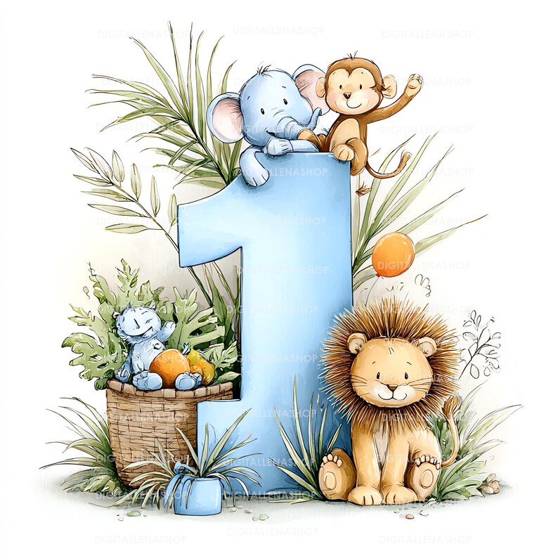 May include: A light blue number one with a jungle theme. An elephant and monkey sit atop the number. A lion, a hippo, and a basket of fruit are at the base. Green foliage and an orange balloon complete the design.