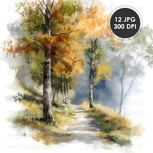 May include: Watercolor painting of a path winding through a forest. The trees display autumn colors of yellow, orange, and green. The image includes the text "12 JPG 300 DPI" in a black circle.