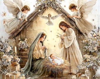 Watercolor Nativity Clipart: Birth of Jesus, Religious Christmas (JPG Files)