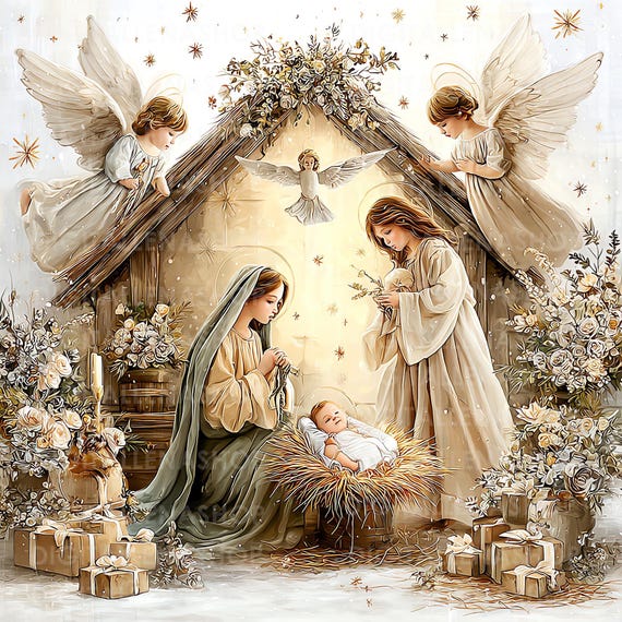 Watercolor Nativity Clipart: Birth of Jesus, Religious Christmas (JPG Files)