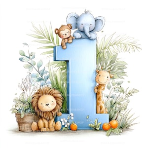 May include: A watercolor illustration of the number one, surrounded by jungle foliage and adorable cartoon animals. A lion, giraffe, monkey, and elephant are featured. Oranges and a potted plant add to the whimsical design.