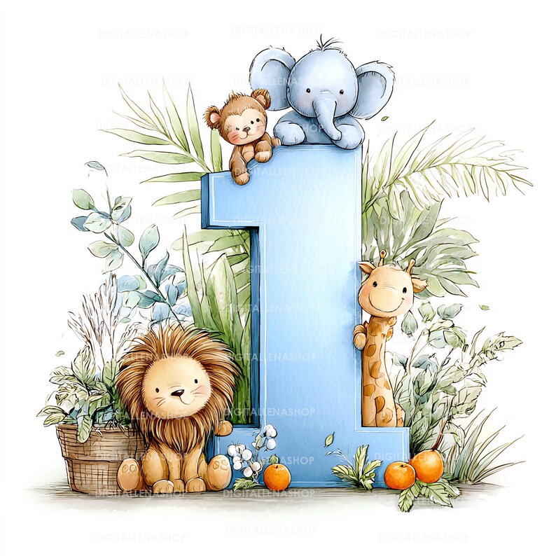 May include: A watercolor illustration of the number one, surrounded by jungle foliage and adorable cartoon animals. A lion, giraffe, monkey, and elephant are featured. Oranges and a potted plant add to the whimsical design.