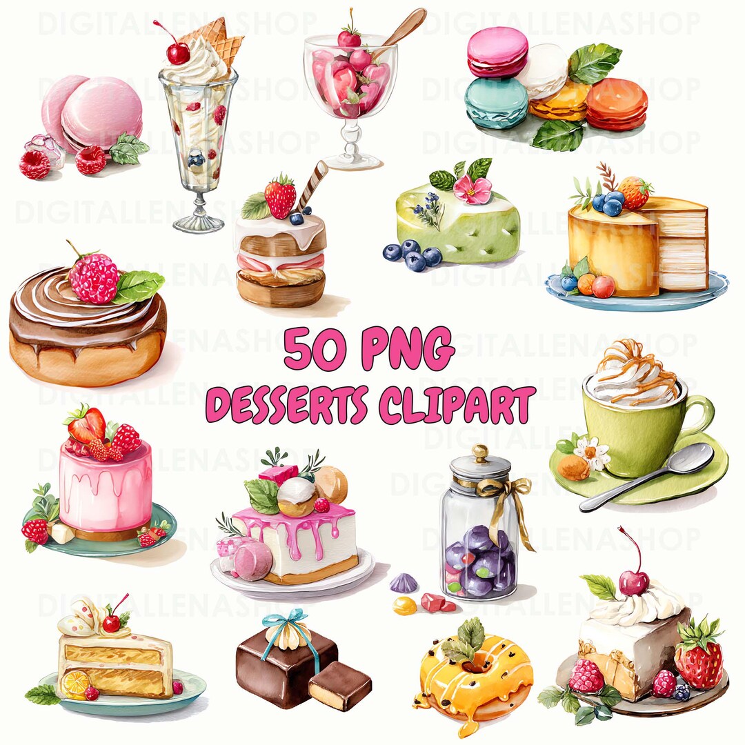 Watercolor Dessert Clipart Bundle: 50 PNG Sweet Treats (digital ...