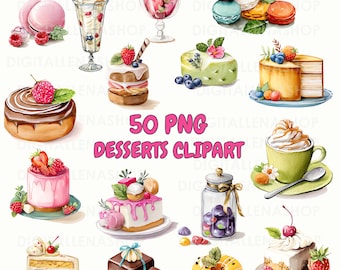 Watercolor Dessert Clipart Bundle: 50 PNG Sweet Treats (Digital Download