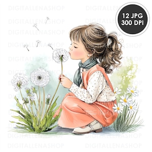 Chica y diente de león "Cumplimiento de deseos" (12 archivos JPG), acuarela, gráficos de verano, diario basura, descarga digital, creación de tarjetas