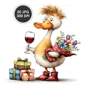 Op de afbeelding: Een cartoon eend met een glas rode wijn, bloemen en cadeaus. De eend draagt rode laarzen. De afbeelding bevat de tekst "20 JPG 300 DPI" in een zwarte cirkel. Een vrolijke en kleurrijke illustratie.