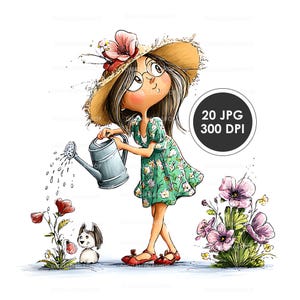 以下が含まれることがあります： 麦わら帽子とメガネをかけた女の子が、灰色のじょうろで花に水をやっているイラスト。彼女は緑の花柄のドレスと赤い靴を履いています。小さな犬と花も画像にあります。画像には「20 JPG 300 DPI」というテキストが含まれています。