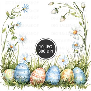 May include: A watercolour illustration of six Easter eggs in a bed of green grass with white daisies and blue flowers. The eggs are decorated with stripes and dots in shades of blue, yellow, orange, and red.