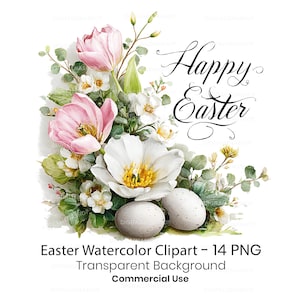 Floral Happy Easter Watercolor Clipart | Easter Decor & Cards | 14 PNG Files