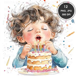 Clipart aquarelle petit garçon et gâteau d'anniversaire PNG | 12 aquarelle haute résolution | Journalisation du courrier indésirable, scrapbooking, fabrication de cartes, téléchargement numérique