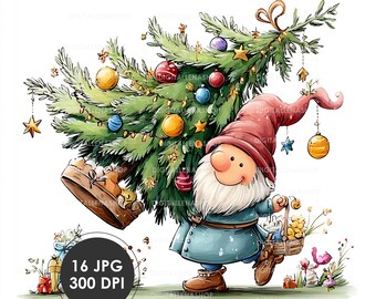 Gnome Carrying a Christmas Tree Watercolor Clipart: Holiday Illustrations for Cards & Crafts (16 JPG Files)