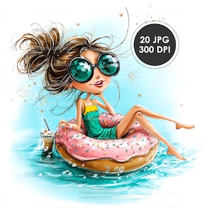 Witzige Frau Strand Aquarell Clipart | Sommer Urlaub Mädchen | Planer & Kartengestaltung | 20 JPG-Dateien