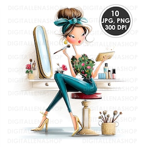 May include: Illustration of a woman applying makeup at a vanity. She wears a green top, teal pants, and gold heels. A vanity mirror, makeup brushes, and products are visible. The image includes text: "10 JPG, PNG, 300 DPI."