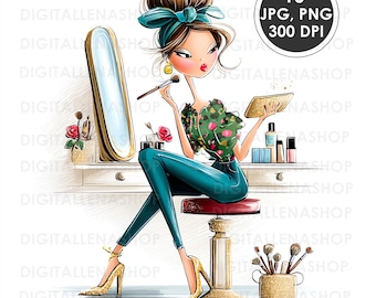 Watercolor Woman Makeup Clipart: Beauty Illustration, Planner Stickers (JPG/PNG Digital Download)