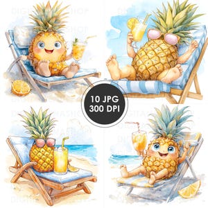 Schrullige Ananas am Strand Aquarell ClipArt 10 JPG Dateien, Sommer Grafiken, Junk Journaling, Sublimation, digitaler Download, Kartenherstellung