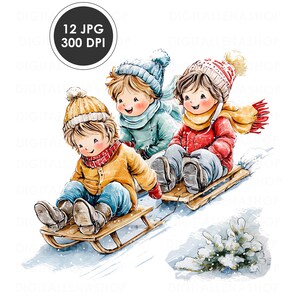 May include: Watercolor illustration of three children sledding down a snowy hill. Each child wears a winter hat, scarf, and coat in shades of yellow, blue, and red. The image includes the text "12 JPG 300 DPI" in a black circle.