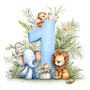 May include: A watercolor illustration featuring a large blue number one surrounded by jungle animals and foliage. An elephant, lion, and monkeys are depicted in a whimsical style. The image is set against a white background, creating a playful and celebratory theme.