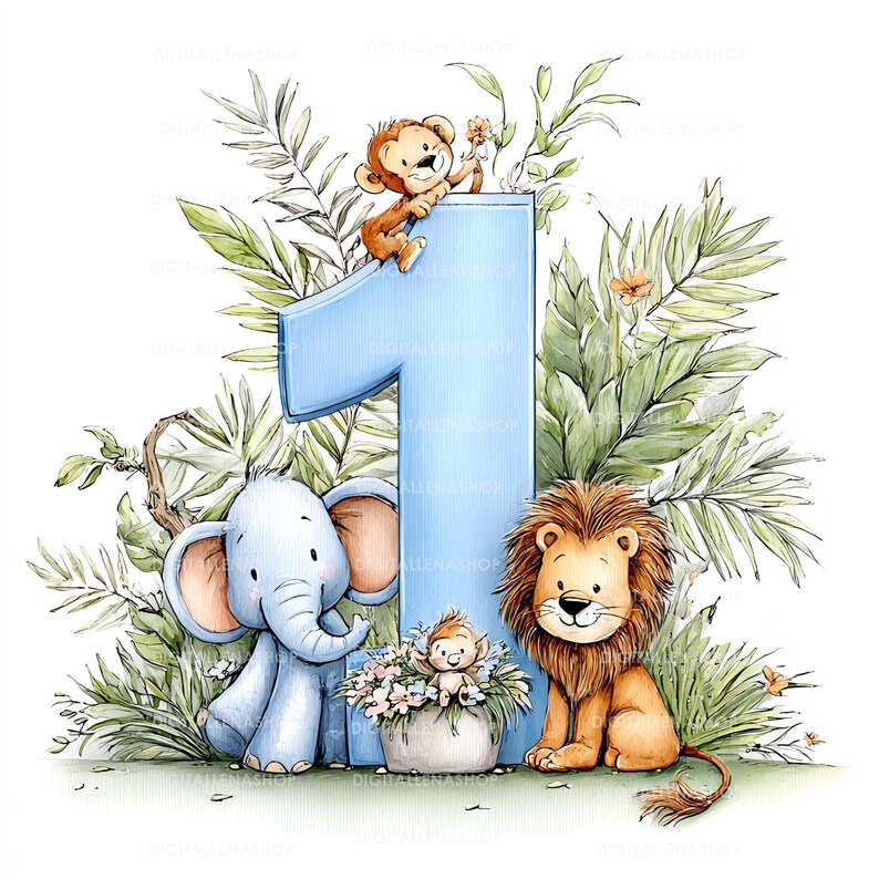 May include: A watercolor illustration featuring a large blue number one surrounded by jungle animals and foliage. An elephant, lion, and monkeys are depicted in a whimsical style. The image is set against a white background, creating a playful and celebratory theme.