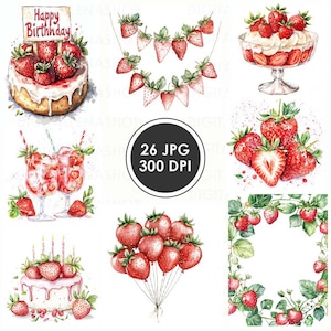 Clipart fête d'anniversaire aux fraises 26 JPG, invitation baies, imprimable, journal indésirable, scrapbooking, fabrication de cartes, téléchargement numérique