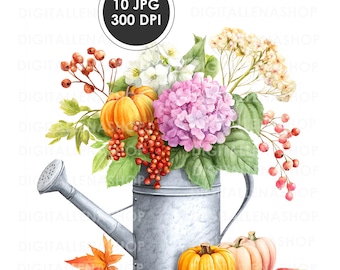 Watercolor Autumn Bouquet Clipart: Fall Floral Watering Can (JPG Files, Digital Download