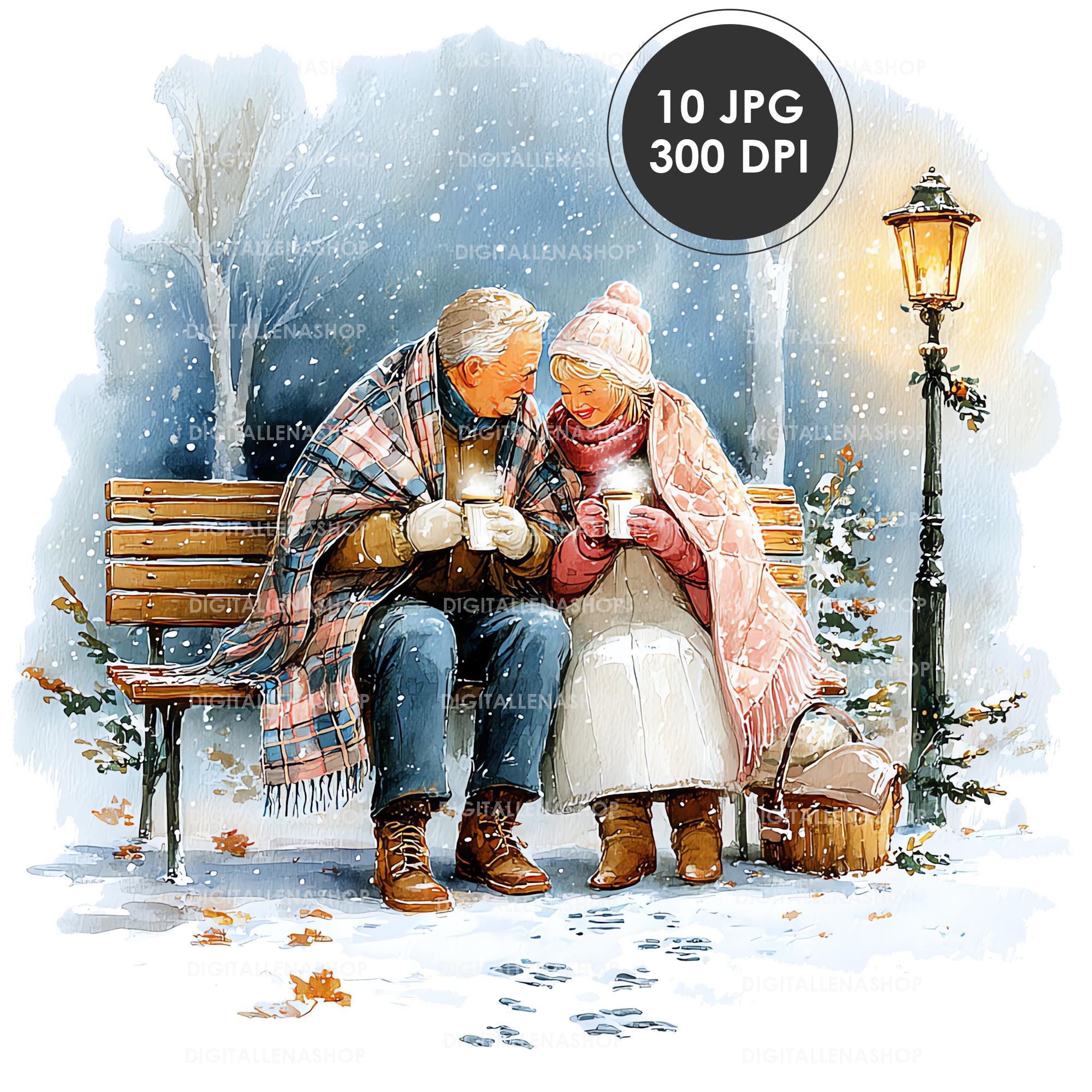 冬のロマンスクリップアート：水彩画の老夫婦のイラスト（デジタル