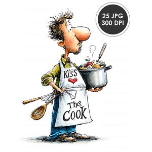 Op de afbeelding: Cartoon illustratie van een man met een wit schort met de tekst "Kiss The Cook" en een rood hart. Hij houdt een pot met eten en een houten lepel vast. De man draagt een geel geruit overhemd en een blauwe spijkerbroek.