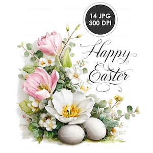 Peut inclure: Illustration à l'aquarelle avec un arrangement floral de tulipes roses, de fleurs blanches et de feuillage vert. Deux œufs de Pâques tachetés sont en bas. Les mots "Happy Easter" sont écrits en script élégant.