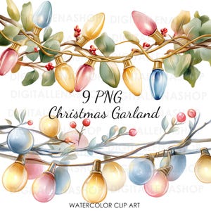May include: Watercolor clip art of a Christmas garland with colorful lights and foliage. The garland features a variety of light bulb colors, including pink, yellow, and blue, with green leaves and red berries. The text "9 PNG Christmas Garland" is also present.