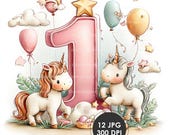 Girl's First Birthday Watercolor Clipart, Pastel Unicorns (Digital Download)