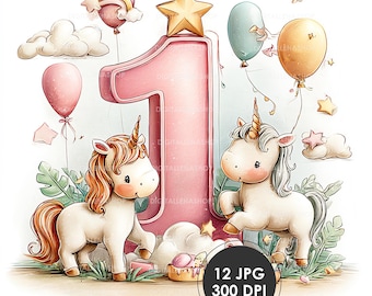 May include: A digital illustration featuring two unicorns, balloons, clouds, and a large pink number one. The image has a watercolor style with soft colors and is suitable for a birthday celebration. The image includes the text "12 JPG 300 DPI".