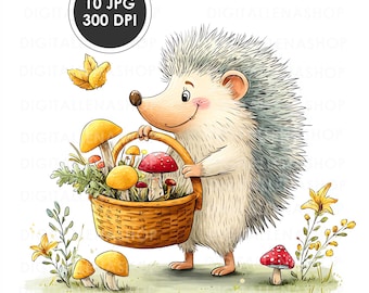 Watercolor Hedgehog and Mushrooms Clipart: Autumn Woodland Illustration (JPG)