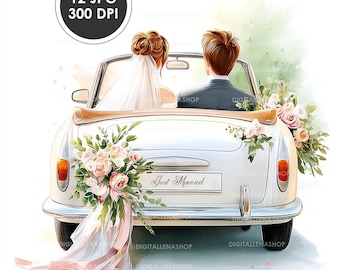 May include: Watercolor illustration of a white vintage convertible with a couple inside, decorated with floral arrangements. The car has a "Just Married" sign on the back. The image is labeled "12 JPG 300 DPI".