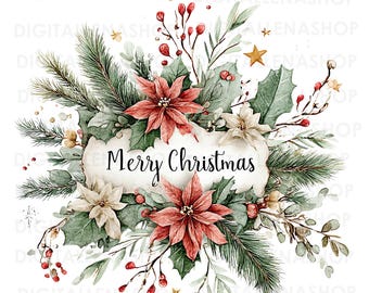 Watercolor Merry Christmas Clipart Set: Holiday Lettering (PNG Files)
