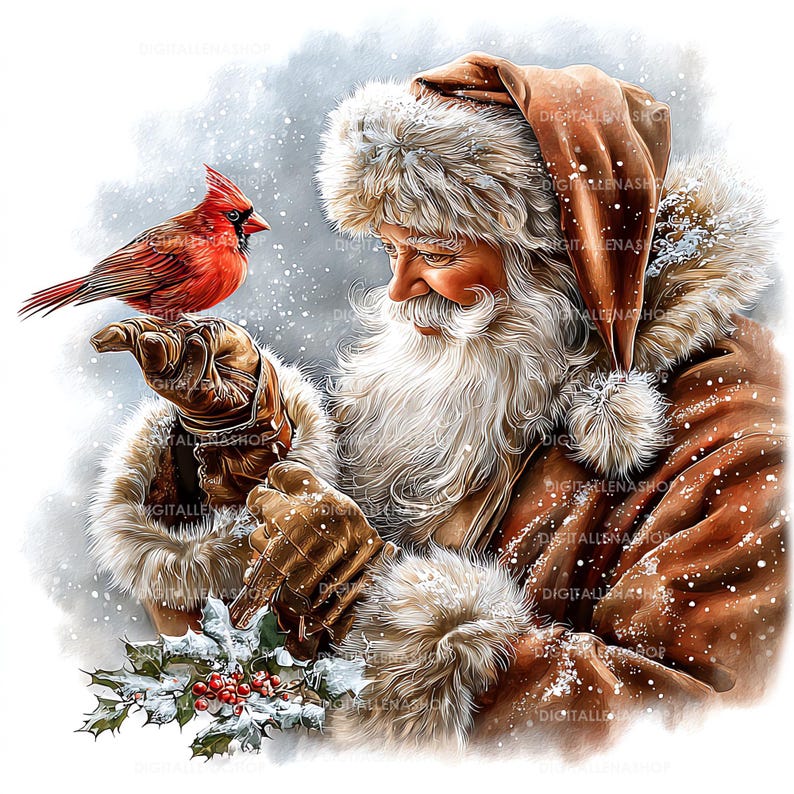 Vintage Santa and Cardinal Watercolor Clipart: Christmas Illustration ...