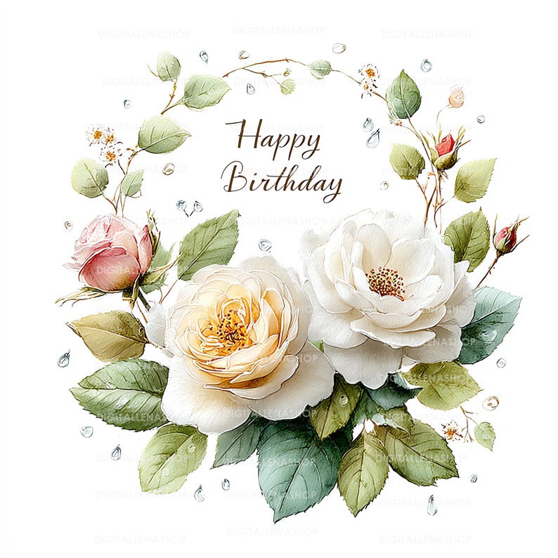 Peut inclure: Illustration &agrave; l'aquarelle d'une couronne florale avec le texte "Happy Birthday". La couronne comprend des roses blanches et roses, des feuilles vertes et de petits bourgeons. Des gouttelettes transparentes sont dispers&eacute;es autour des fleurs.
