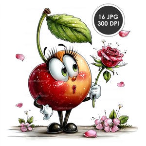 Könnte beinhalten: Eine Illustration einer Comic-Kirsche mit großen Augen und Wimpern, die eine rote Rose hält. Die Kirsche ist rot und gelb mit einem grünen Blatt und Stiel. Rosa Blütenblätter und Blüten sind um die Kirsche herum verstreut.